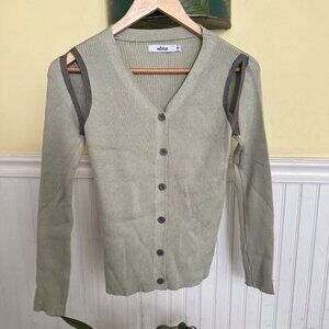 Ribbed Sage Green Button-Down Cardigan With Cutout Shoulder Detail S